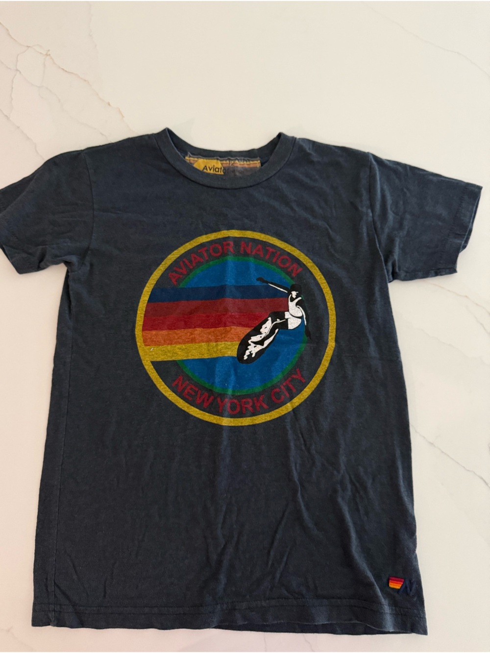 Aviator Nation Kids Navy Graphic Tee with Rainbow Stripes
